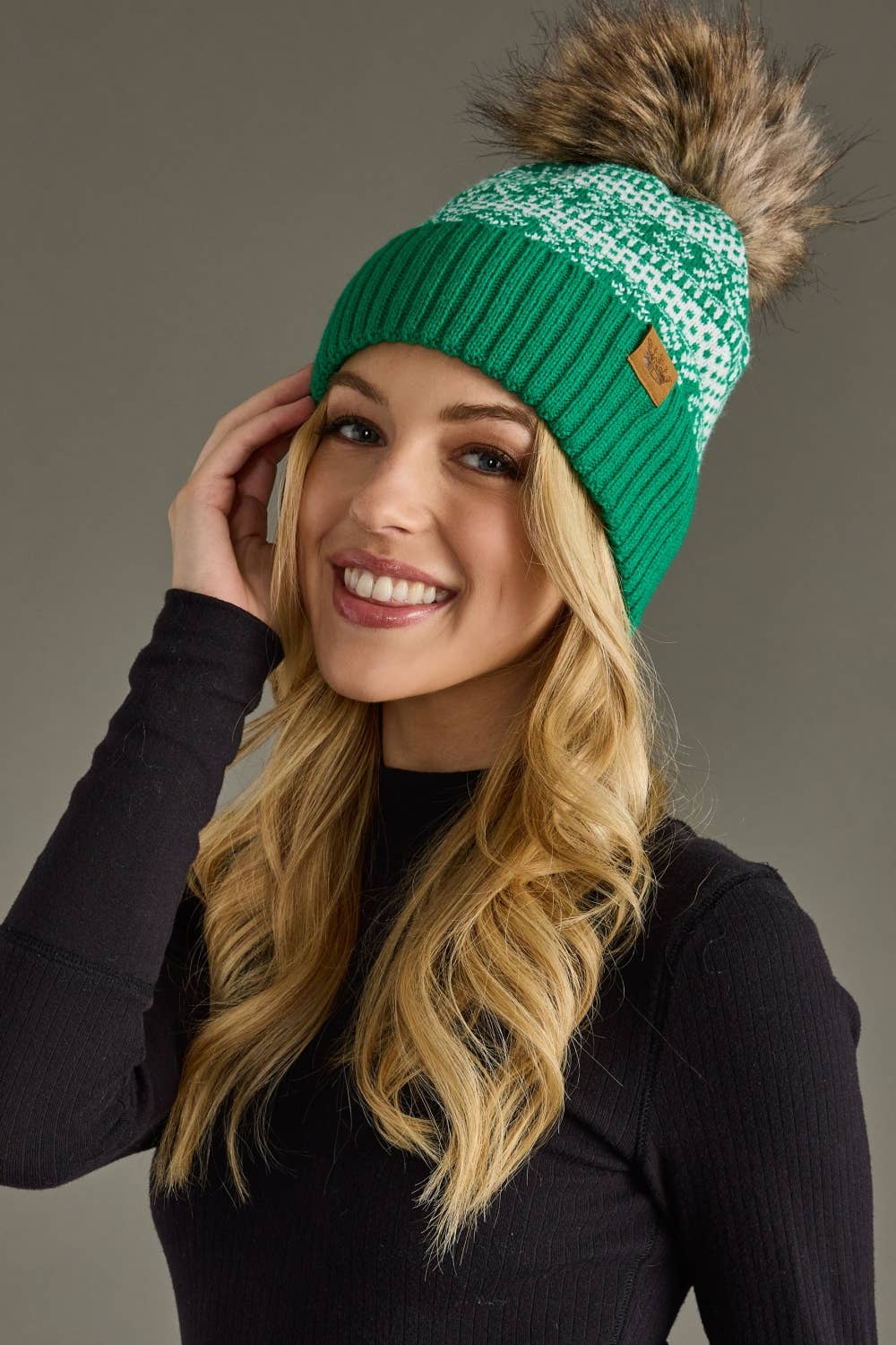 Green & White Winter Pattern Pom Hat