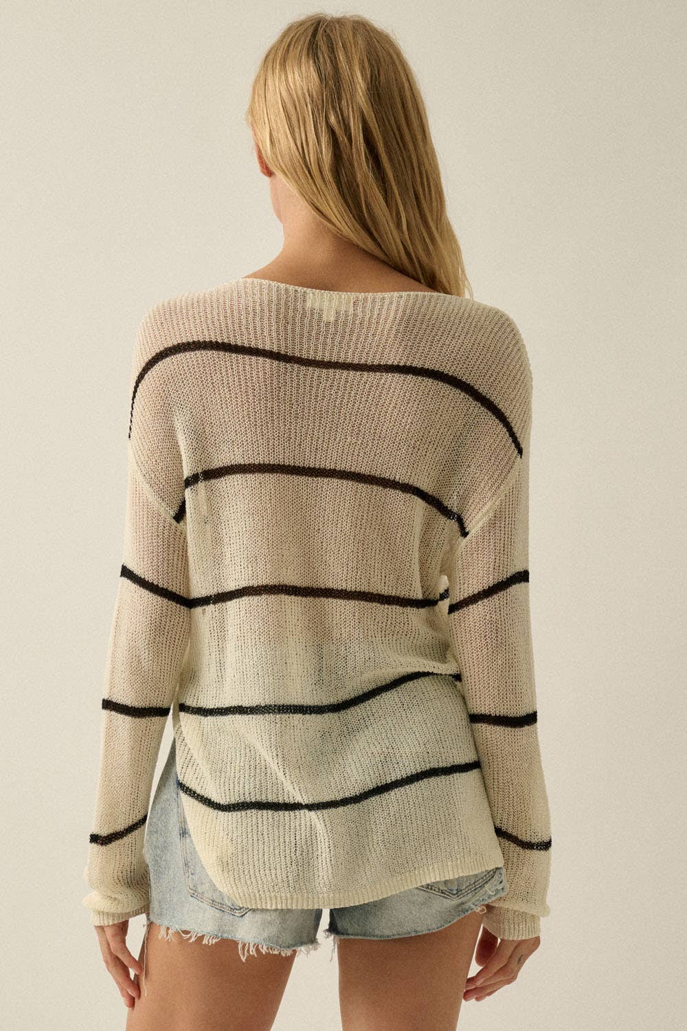 Striped Semi-Sheer Lightweight Knit Loose-Fit Sweater