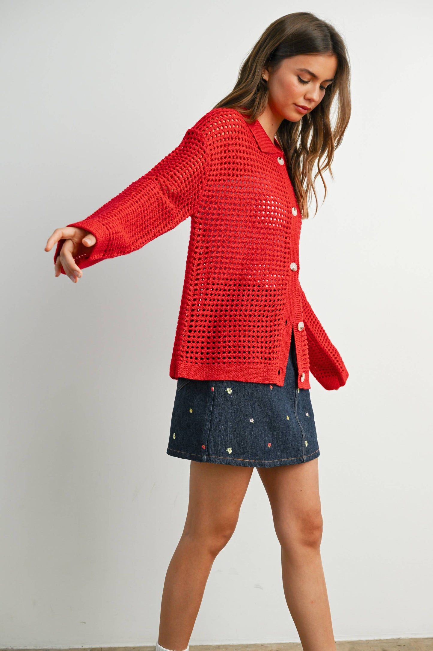 OPEN STITCH CROCHET COLLAR CARDIGAN