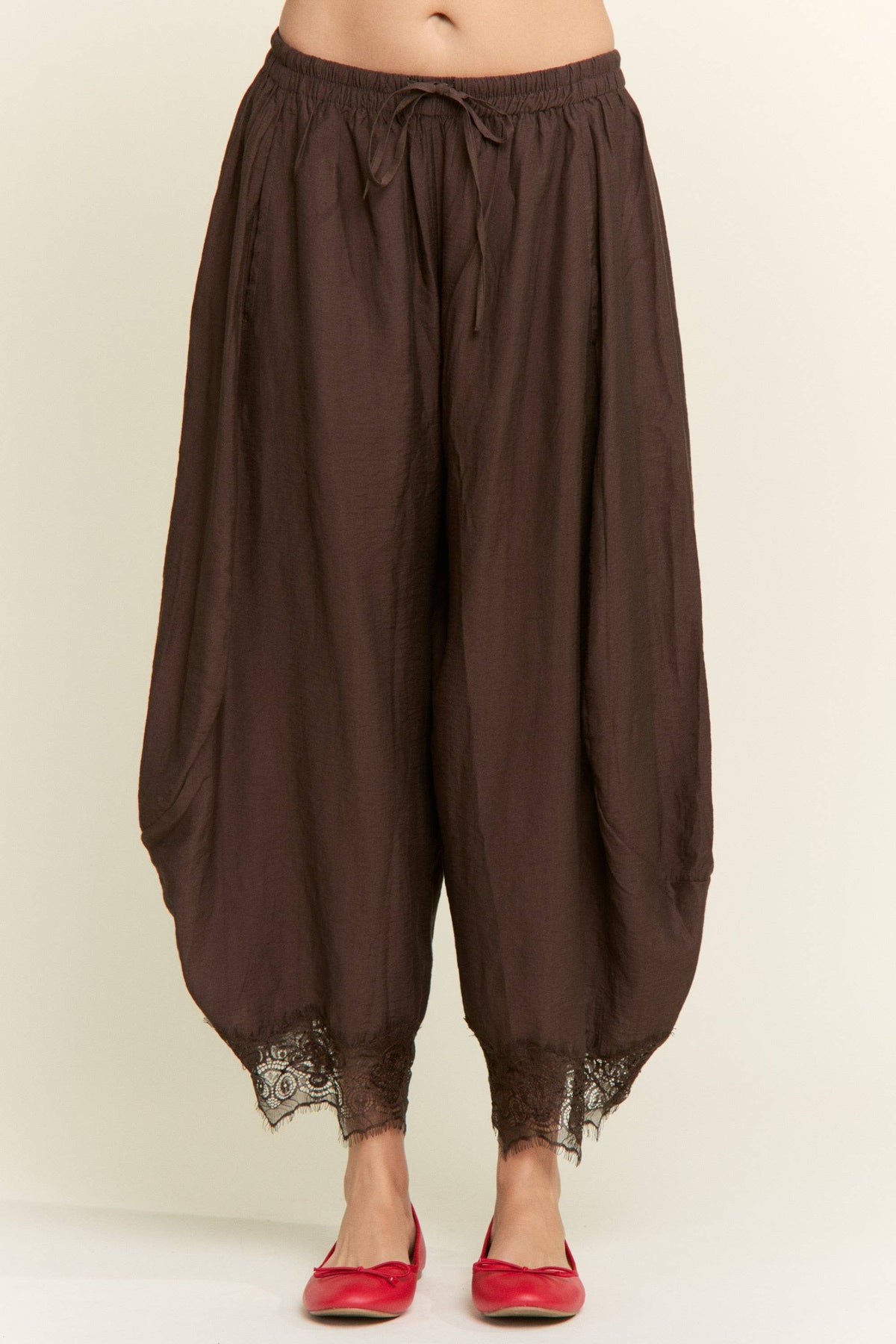Chocolate Lace-Trim Relaxed Pants