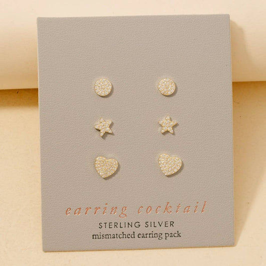 Sterling Silver Star Heart Disc Stud Earrings Set