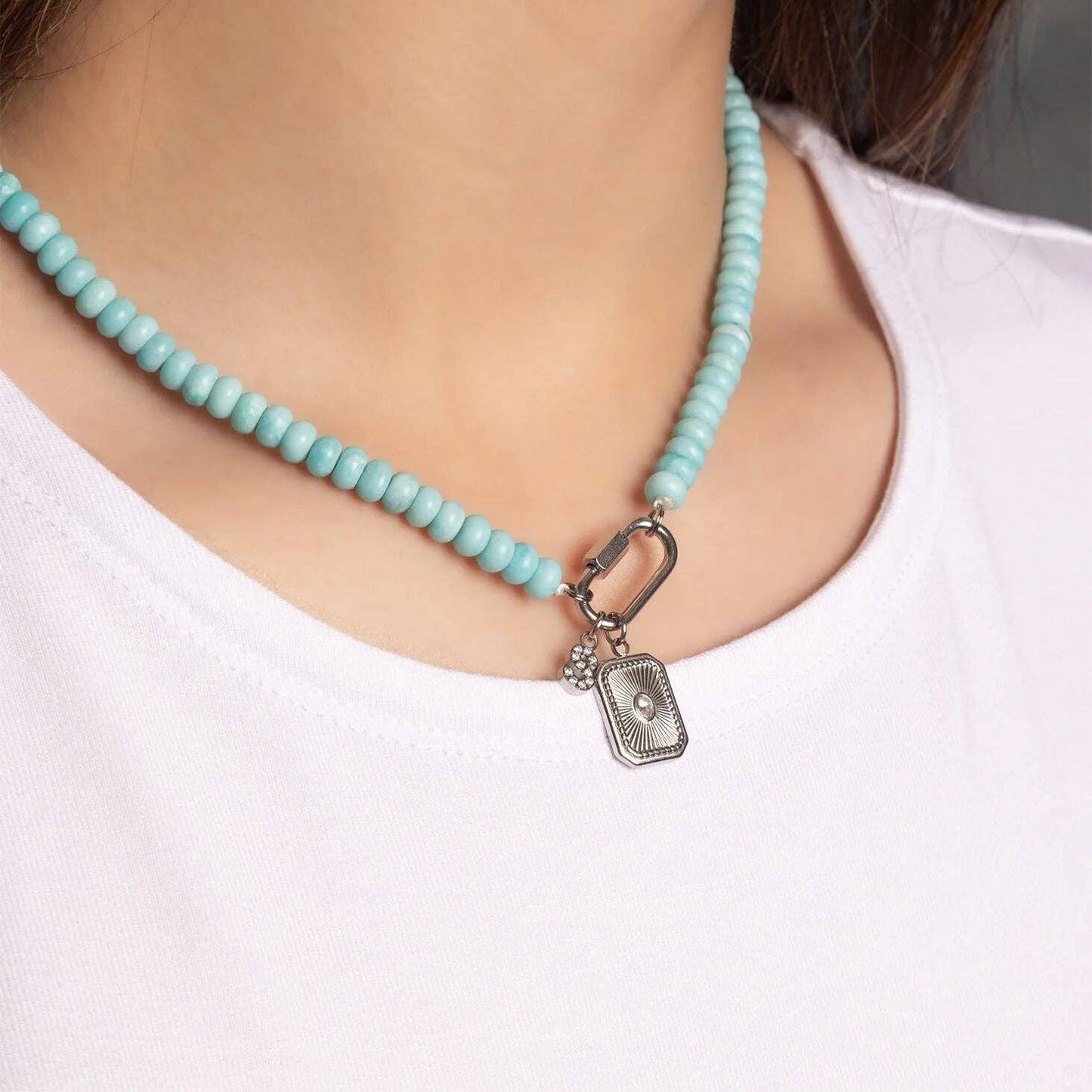 Turquoise Chunky Bead Carabiner Necklace