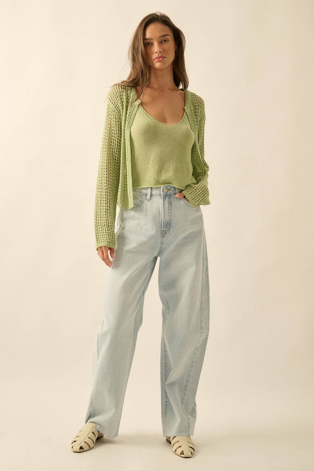 Crochet Open-Knit Cardigan and Tank Top Set