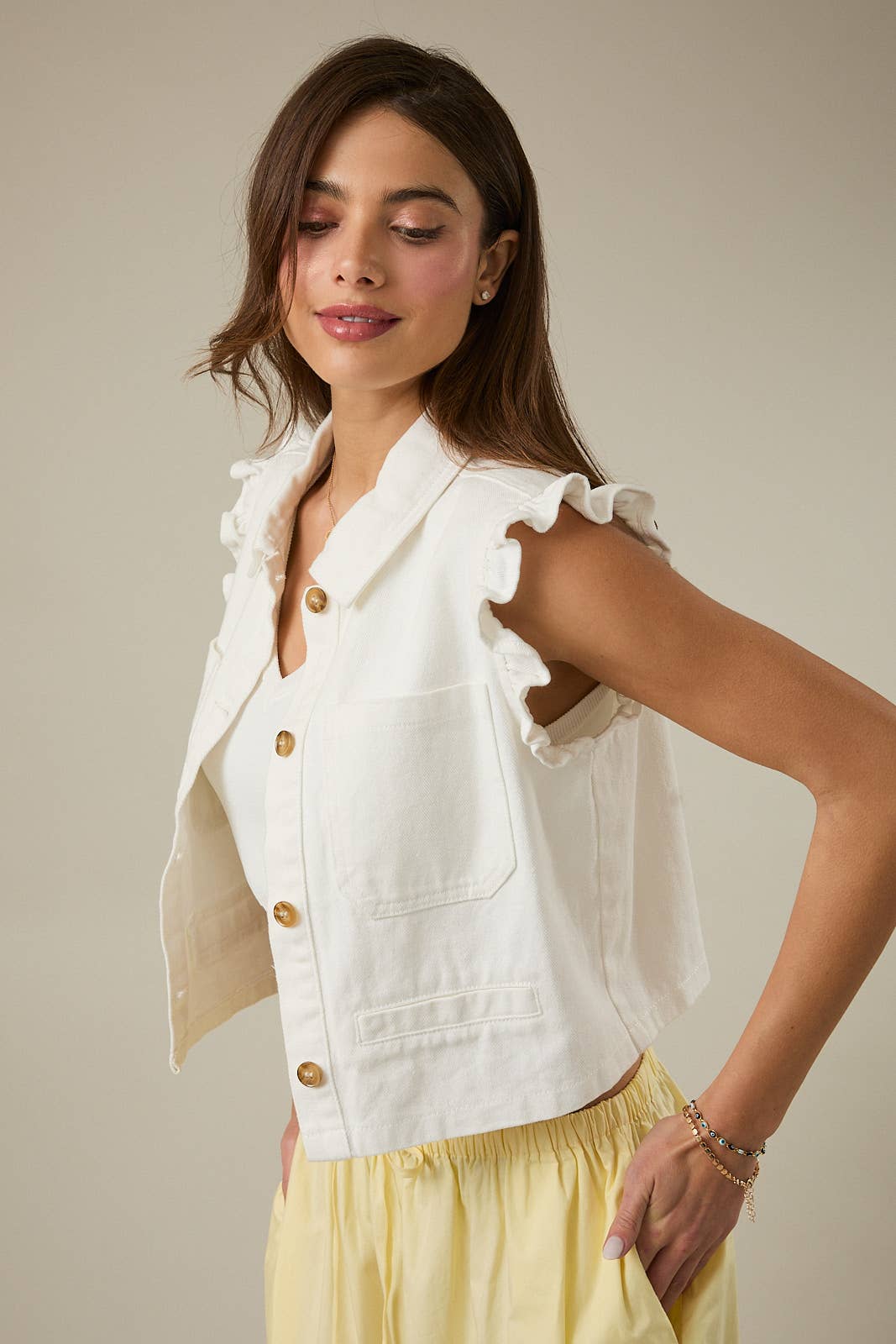 RUFFLE SLEEVE BUTTON DOWN TWILL VEST