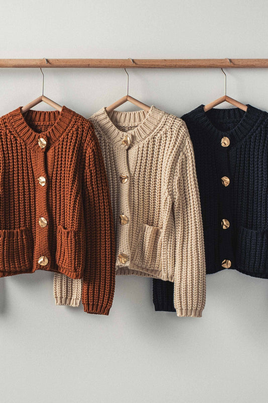 Chunky Gold Button Ribbed Knit Cardigan