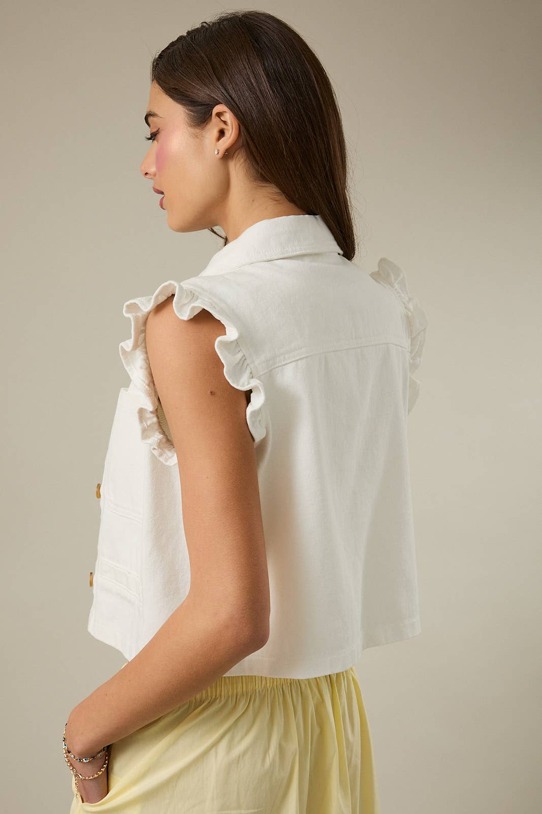 RUFFLE SLEEVE BUTTON DOWN TWILL VEST