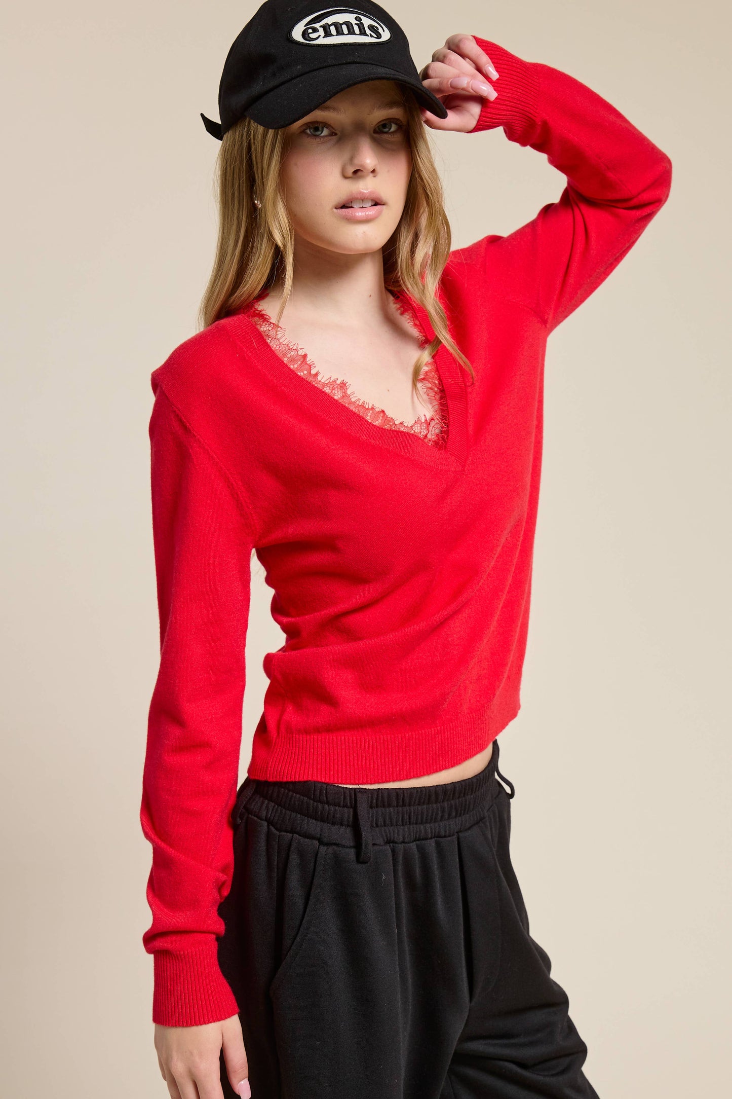 Lace Trim V Neck Knit Top
