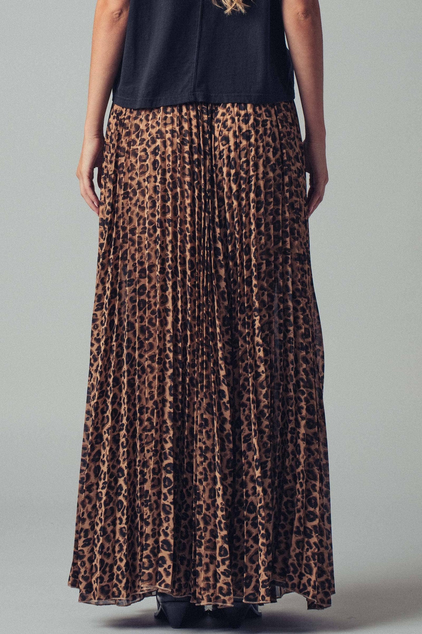 Leopard Print Pleated Flowy A Line Midi Skirt