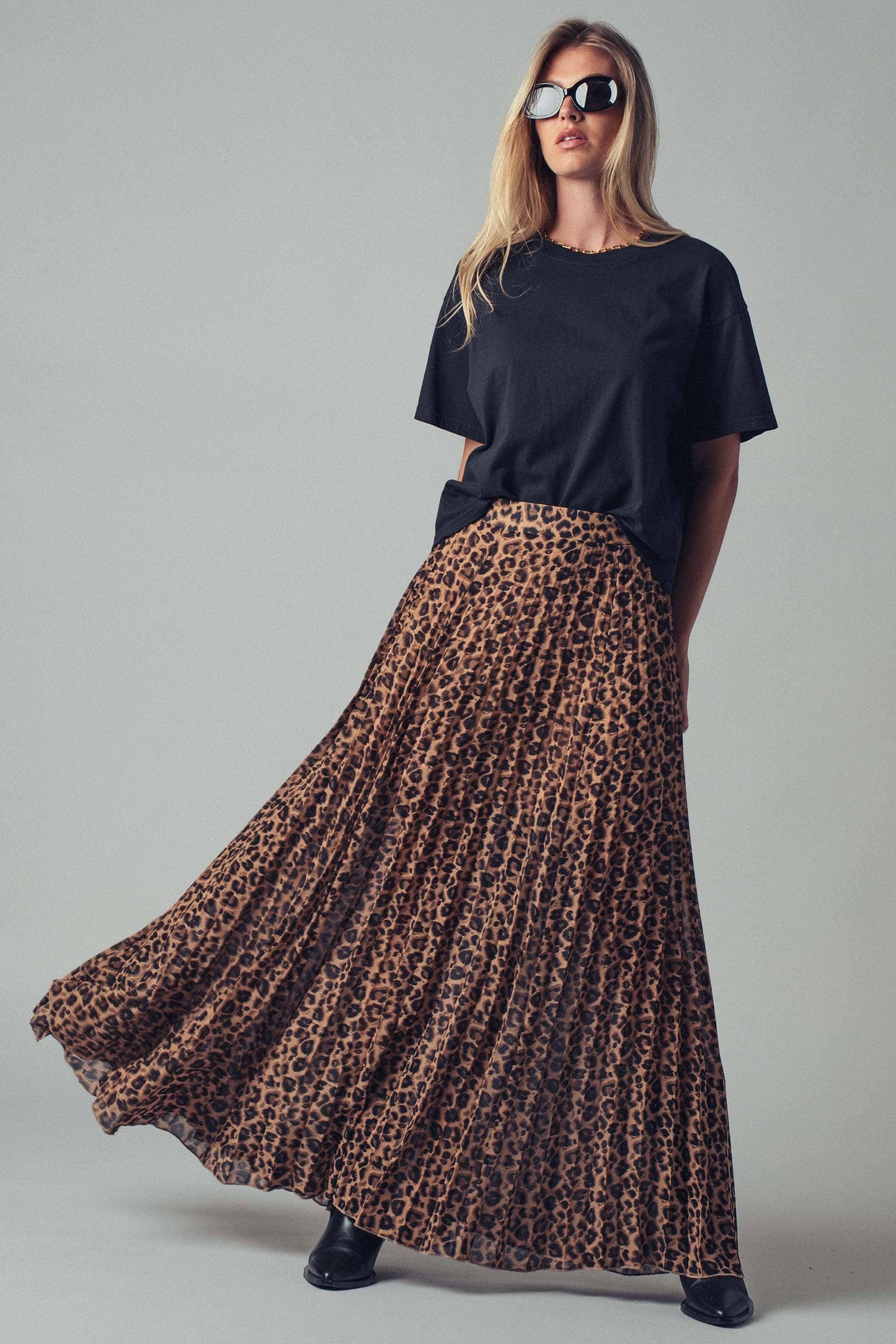 Leopard Print Pleated Flowy A Line Midi Skirt