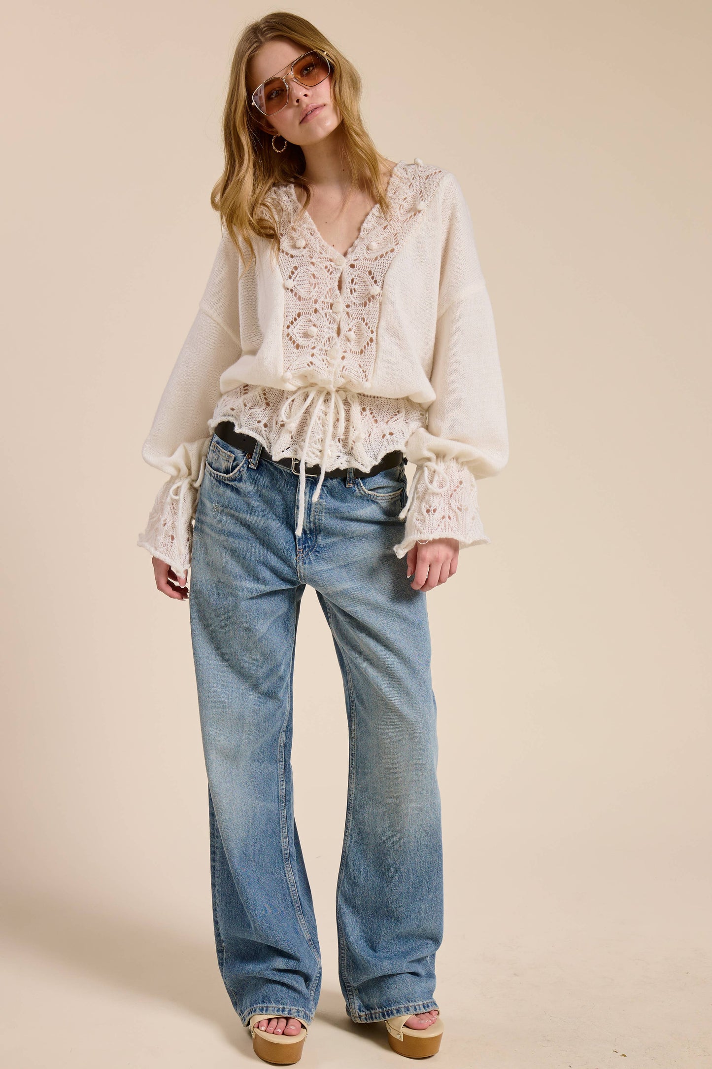 Crochet Lace Trim V Neck Knit Top