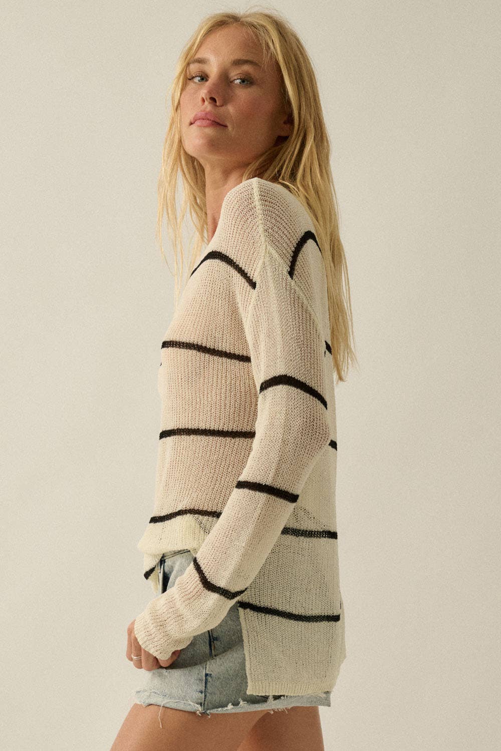 Striped Semi-Sheer Lightweight Knit Loose-Fit Sweater