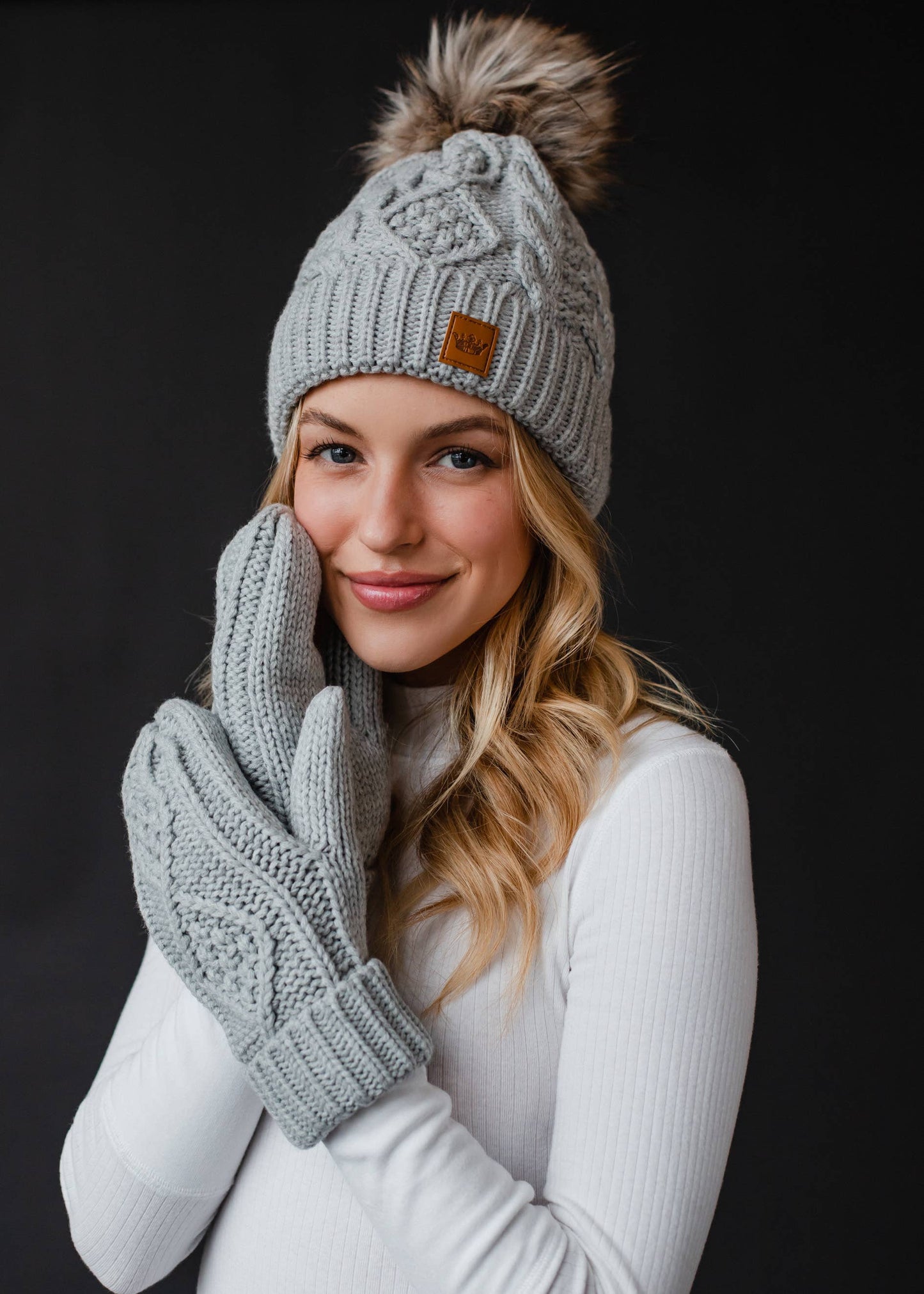 Light Gray Cable Knit Pom Hat