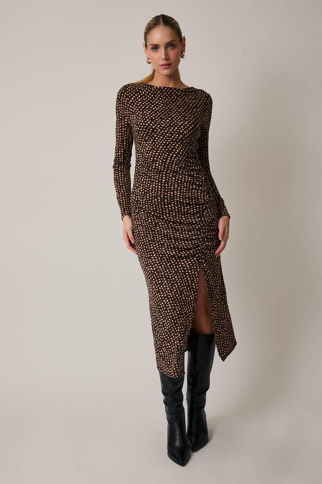 COWL NECK LONG SLEEVE SHIRRING DETAIL MIDI DRESS