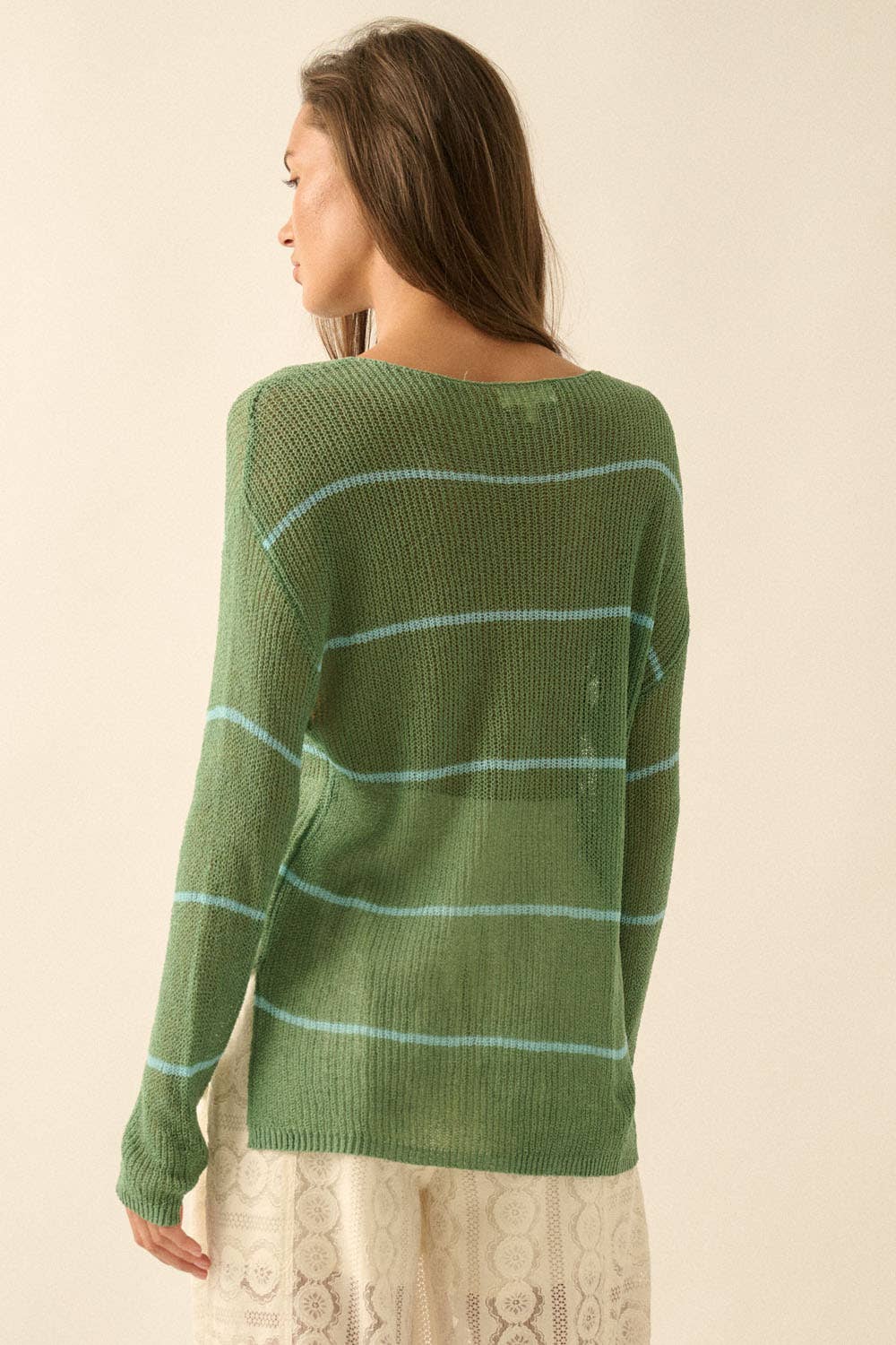 Striped Semi-Sheer Lightweight Knit Loose-Fit Sweater