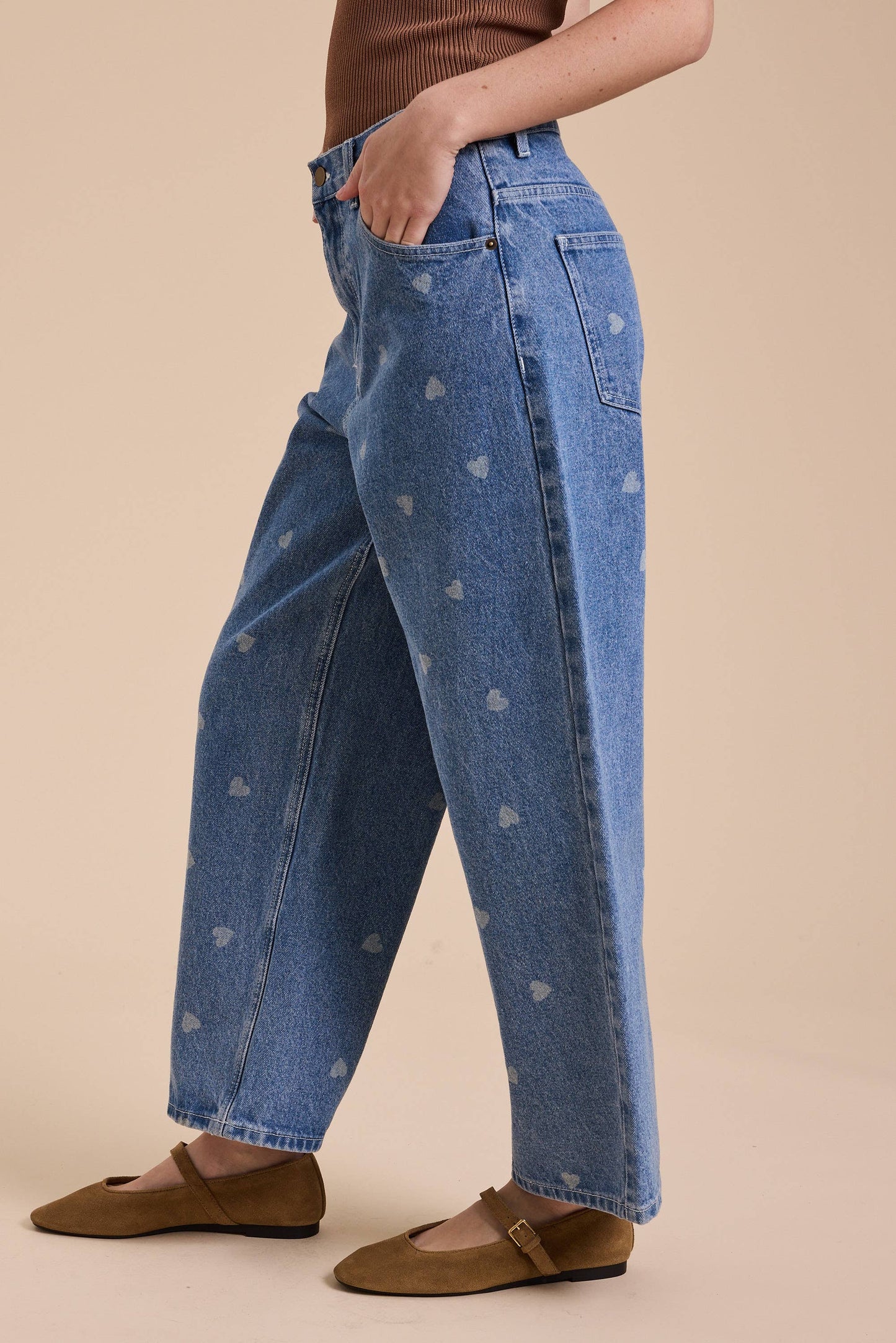 HEART PRINTED DENIM PANTS