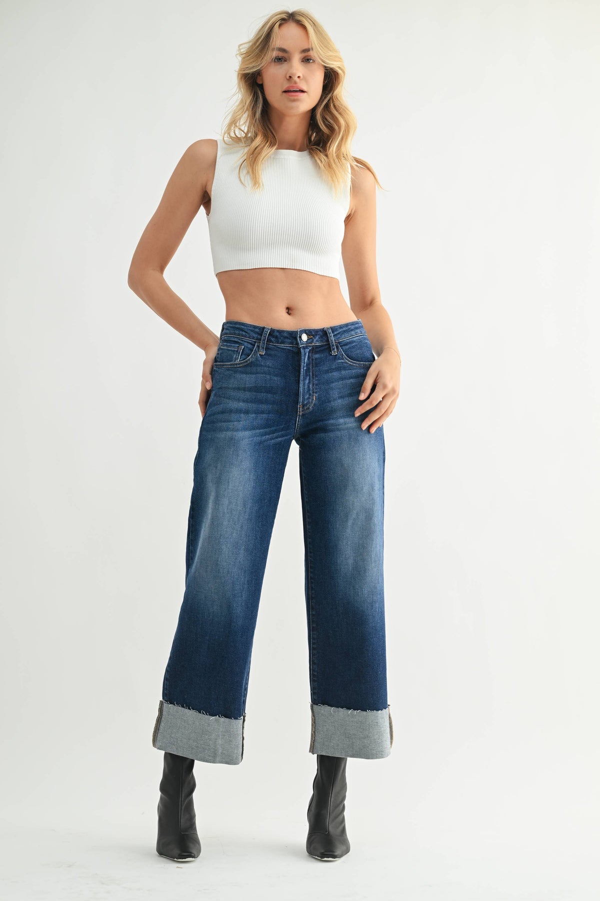 Scissor Cut Cuffed Wide Leg - DARK DENIM