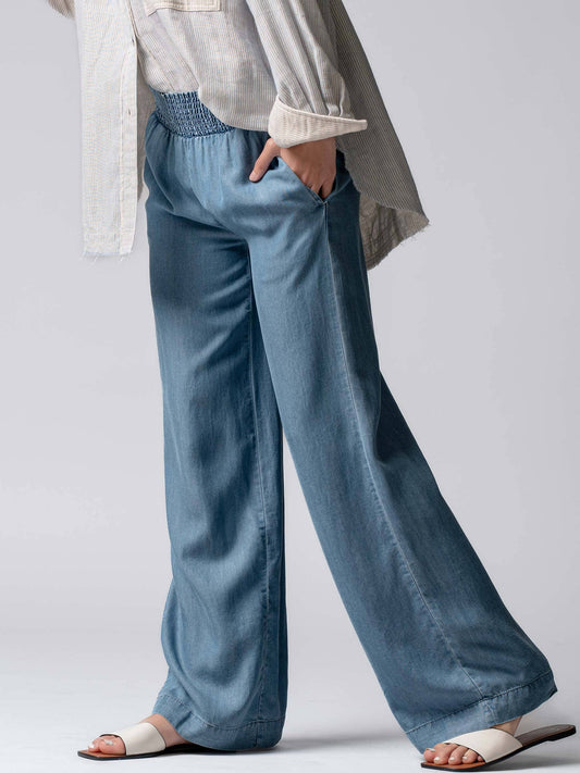 Smocked High Waist Wide Leg Side Pocket Pants