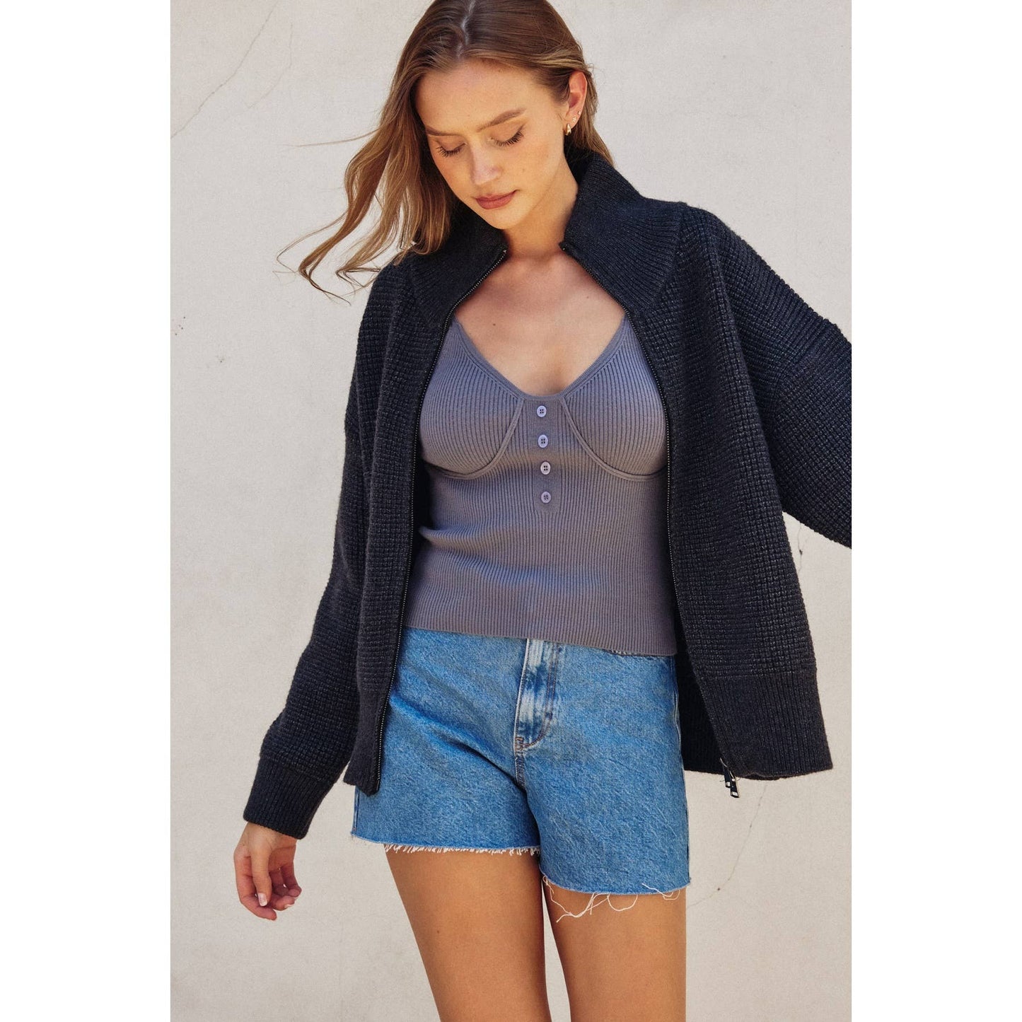 Two Way Zip Waffle Knit Zip Up