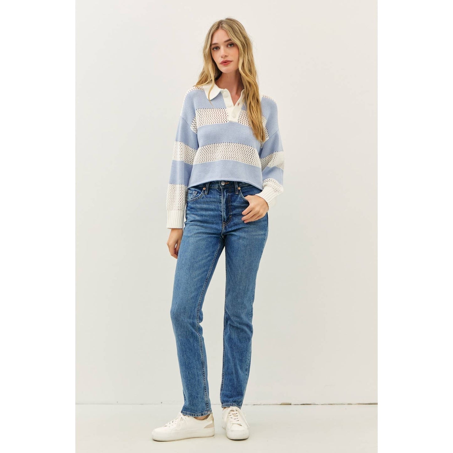 RUGBY-INSPIRED WIDE STRIPE LIGHTWEIGHT SWEATER & CROCHET TOP