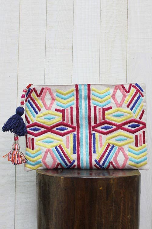 Multi Colored Embroidered Large Clutch