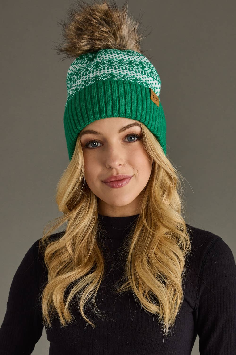 Green & White Winter Pattern Pom Hat