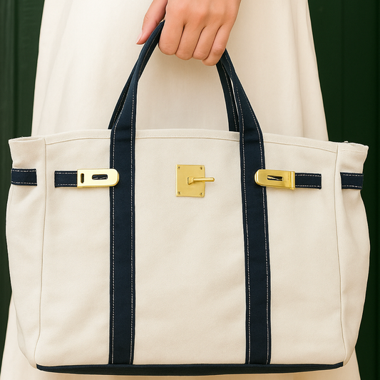 Canvas Tote Bag w/ Gold Buckle Hardware - Navy Trim  