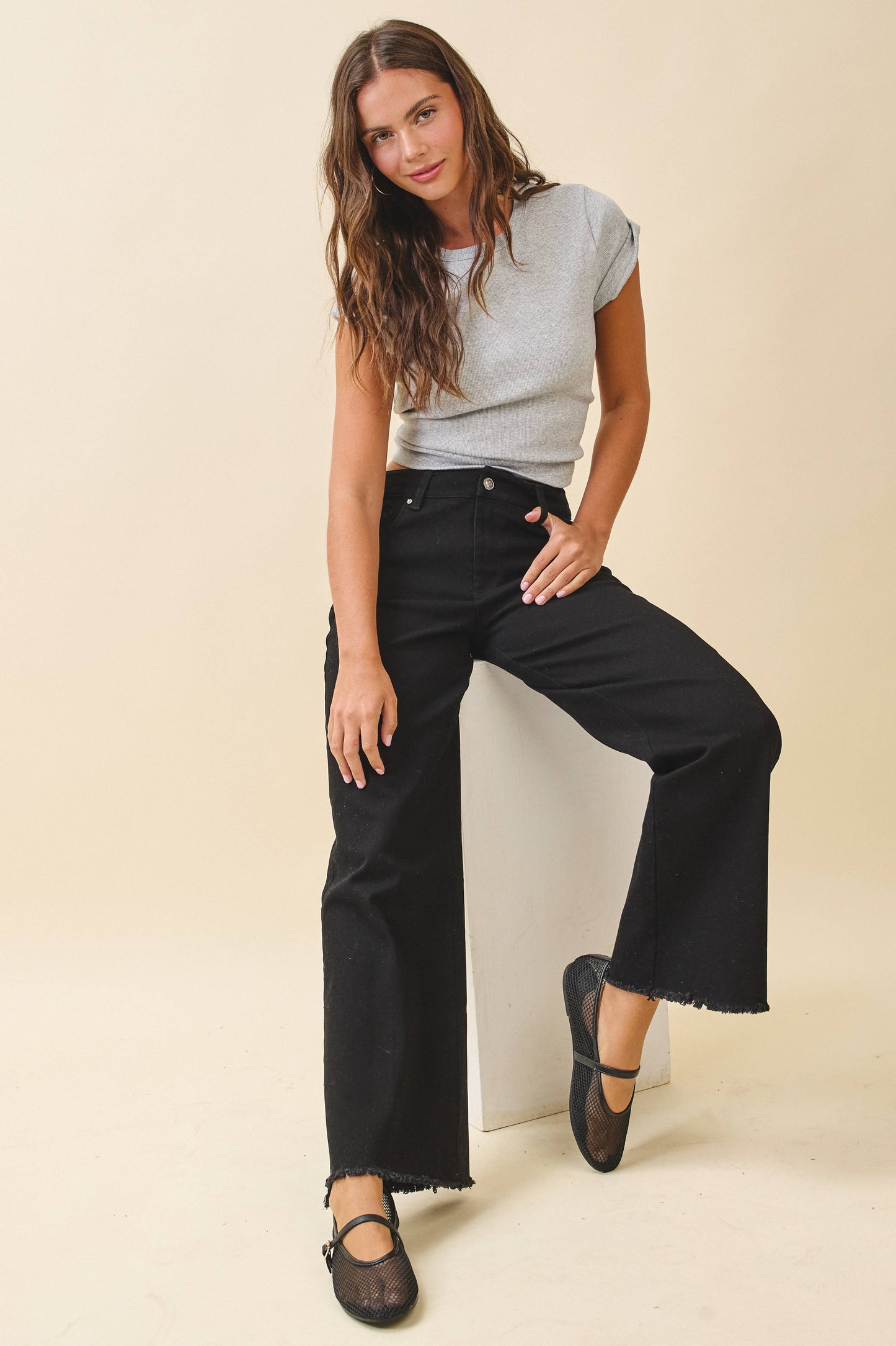 Wide Leg Raw Hem Denim Pants