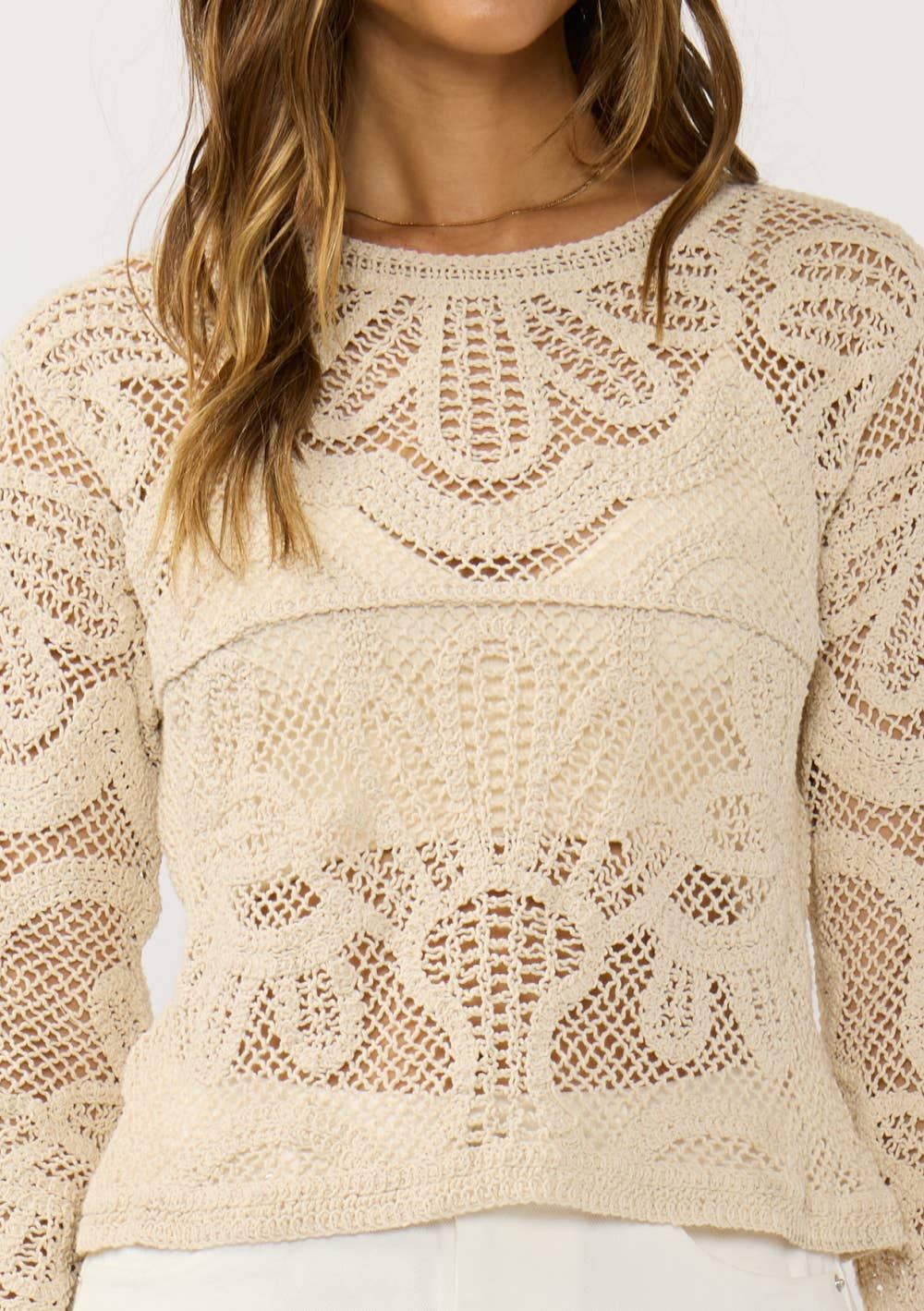 Crew Neck Long Sleeve Crochet Top