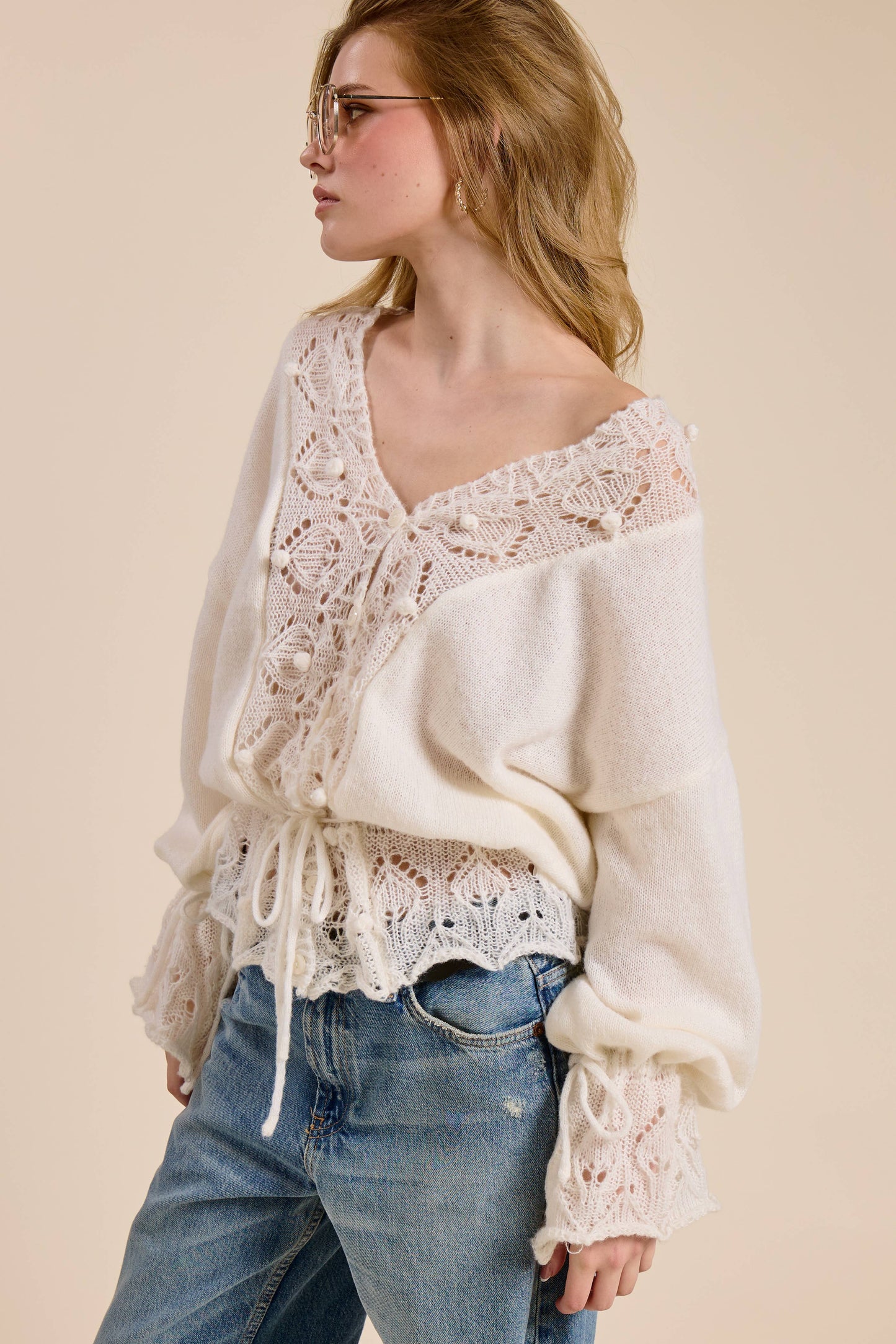 Crochet Lace Trim V Neck Knit Top