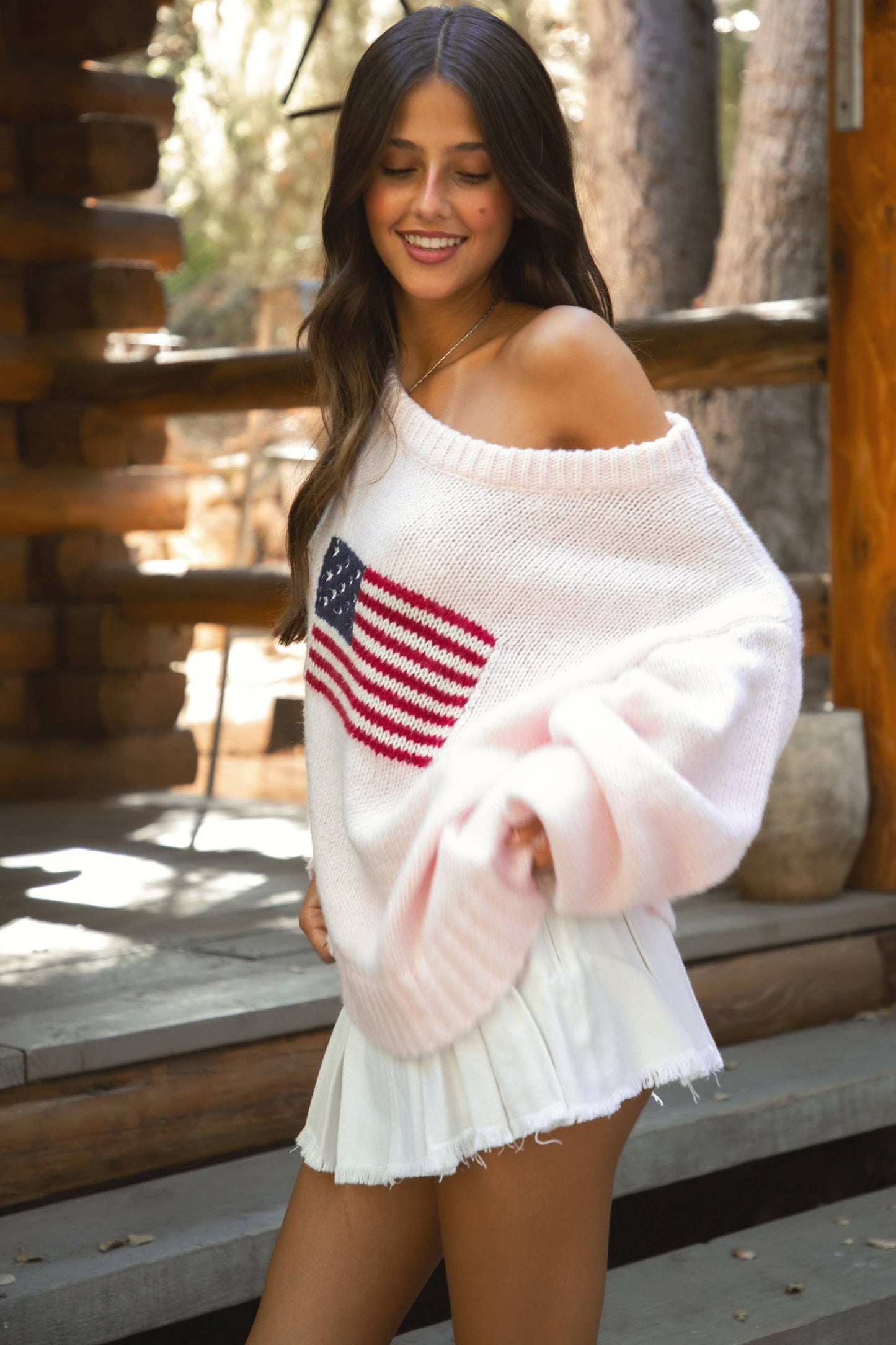 American Flag Knit Off The Shoulder Sweater