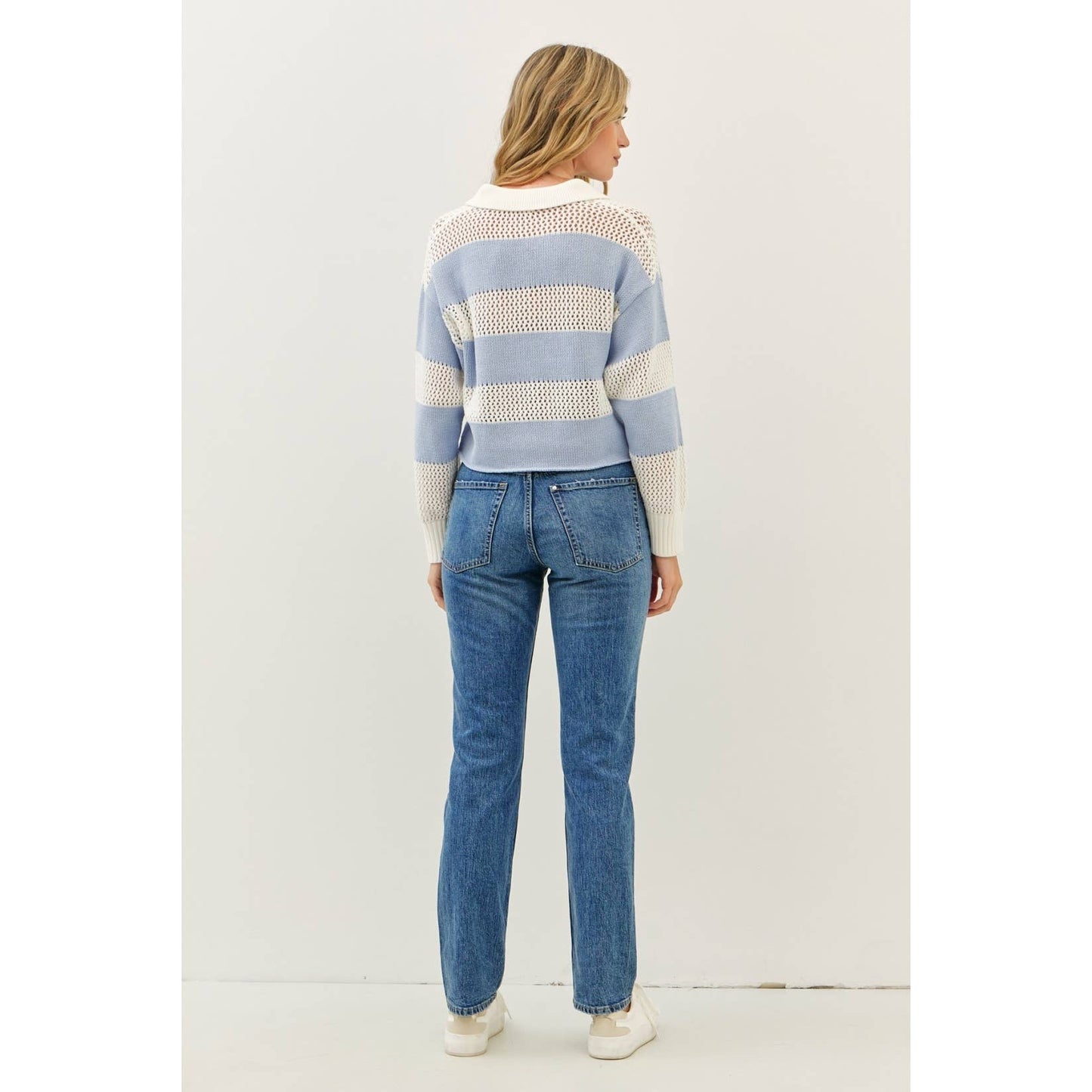 RUGBY-INSPIRED WIDE STRIPE LIGHTWEIGHT SWEATER & CROCHET TOP