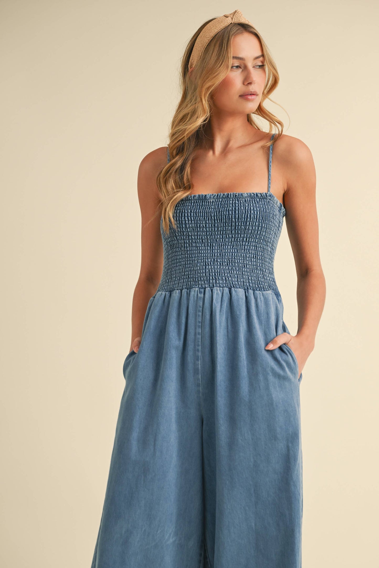 SMOCKED SPAGHETTI STRAP WIDE LEG JUMPSUIT
