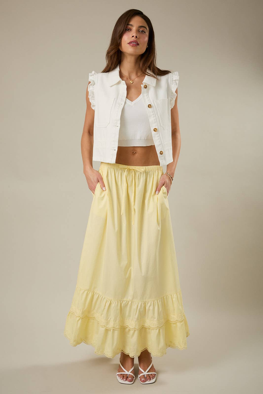 RUFFLE SLEEVE BUTTON DOWN TWILL VEST