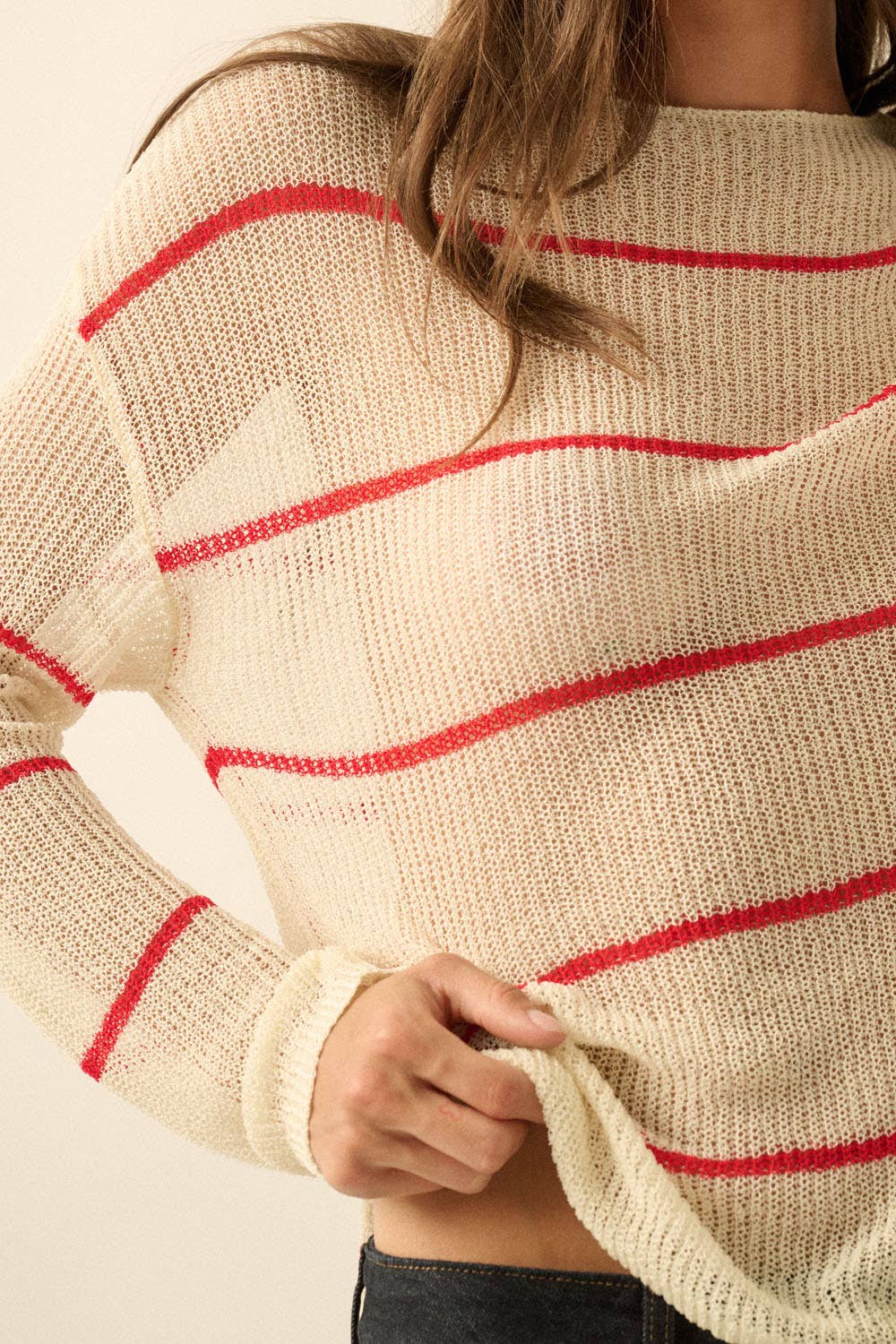 Striped Semi-Sheer Lightweight Knit Loose-Fit Sweater
