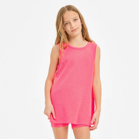 Waffle Knit Sleeveless Top and Biker Shorts Set