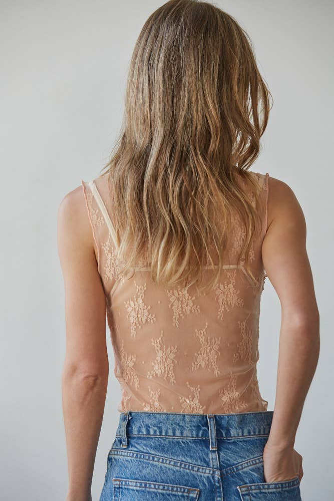 Knit Floral Lace Sleeveless Mock Top