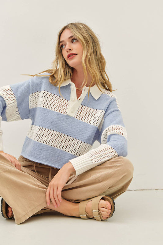 RUGBY-INSPIRED WIDE STRIPE LIGHTWEIGHT SWEATER & CROCHET TOP