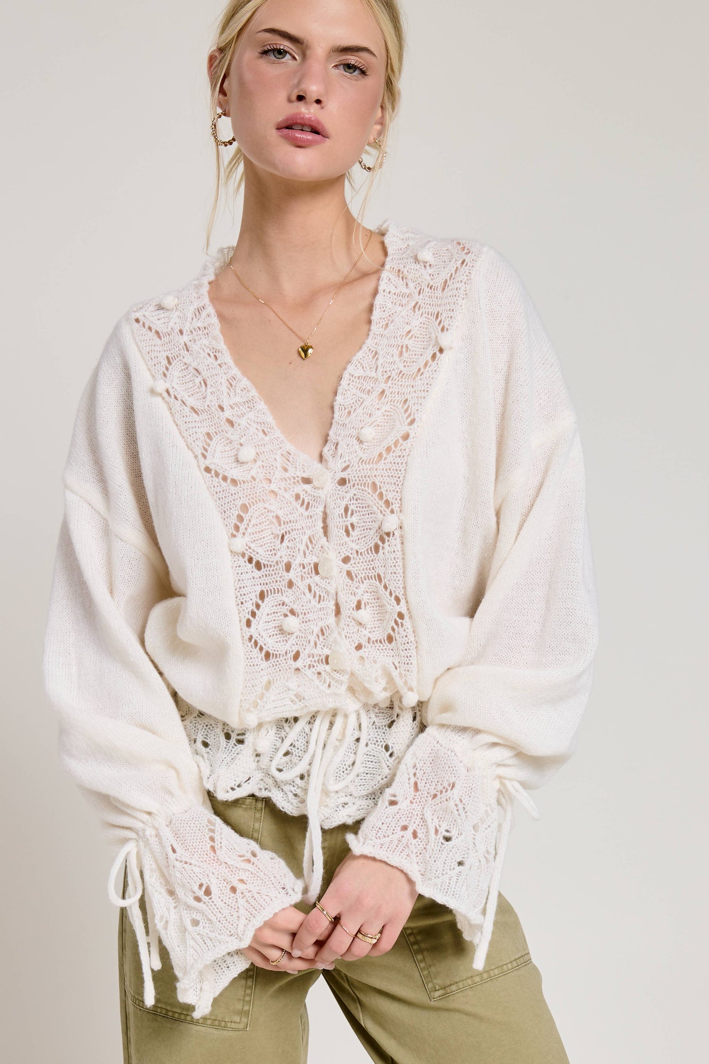 Crochet Lace Trim V Neck Knit Top