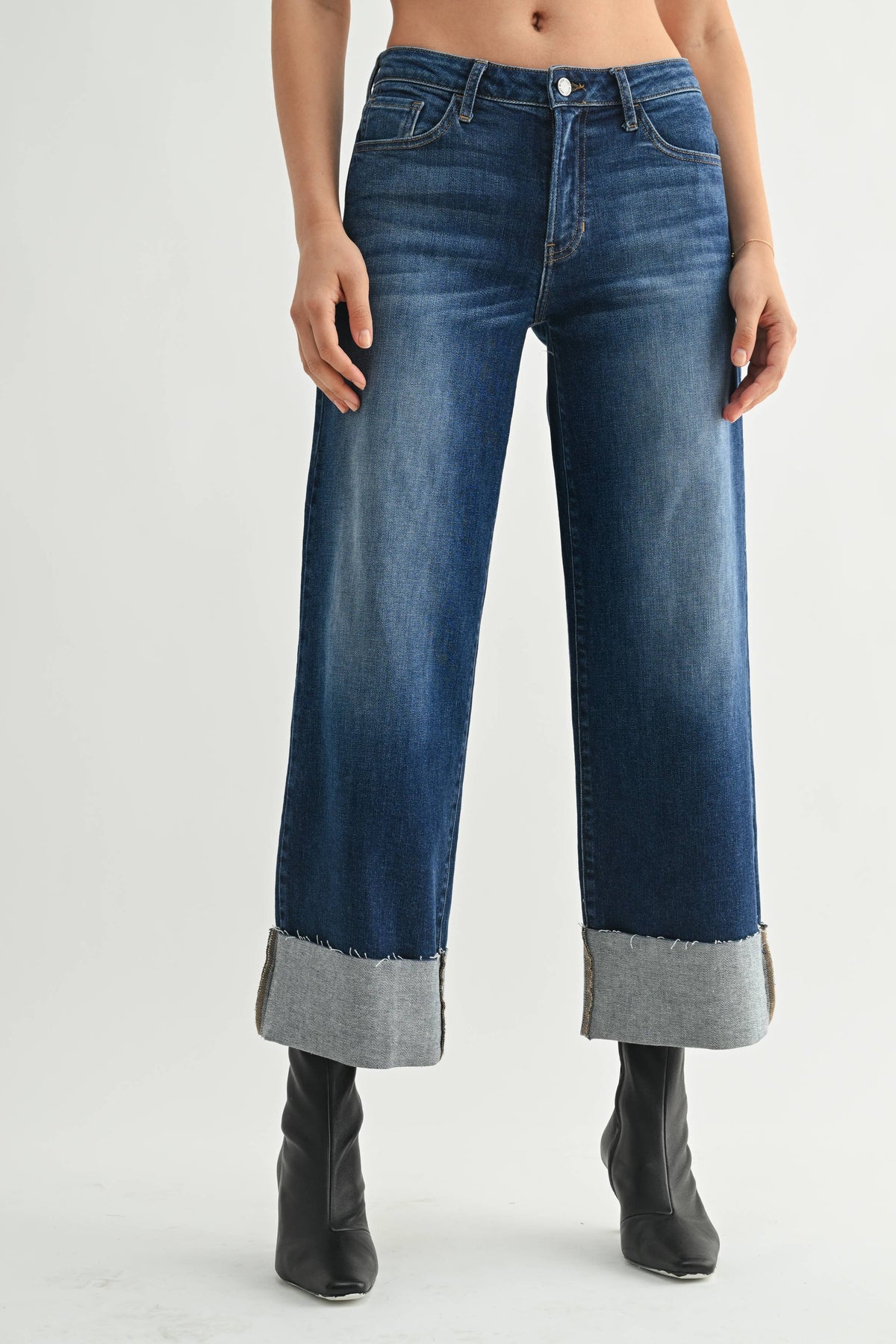 Scissor Cut Cuffed Wide Leg - DARK DENIM