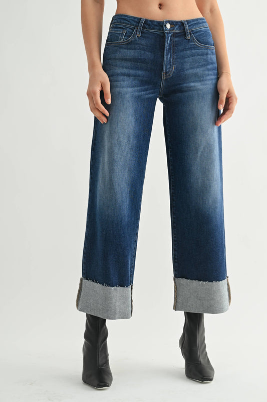 Scissor Cut Cuffed Wide Leg - DARK DENIM