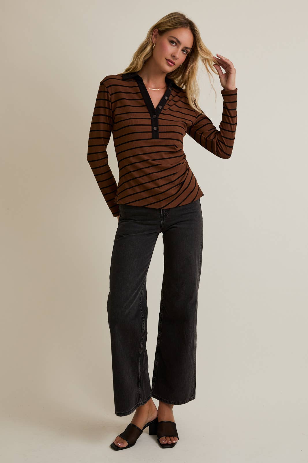 BUTTON UP LONG SLEEVE STRIPE POLO SHIRT