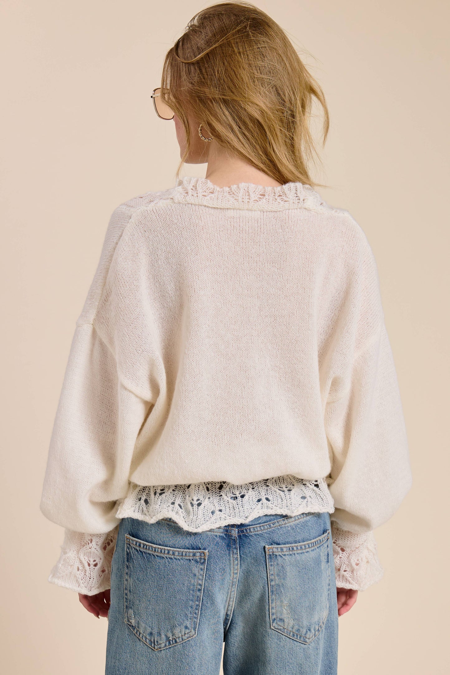 Crochet Lace Trim V Neck Knit Top