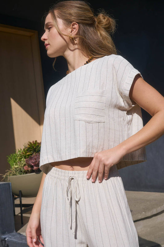 PINSTRIPE SHORT CUFF SLEEVE BACK BUTTON CROP TOP