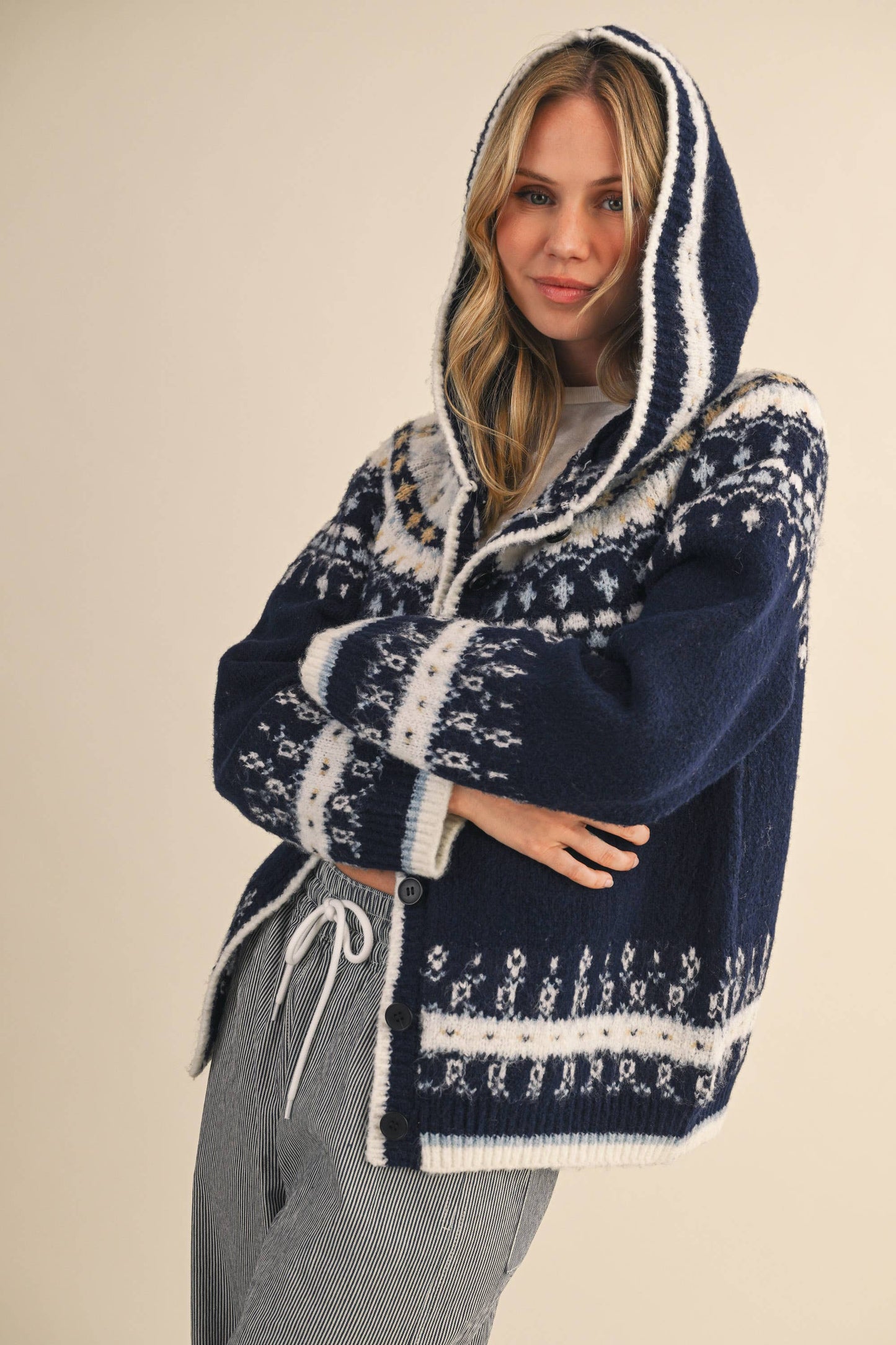 NORDIC SOFT BUTTON DOWN SWEATER HOODED JACKET