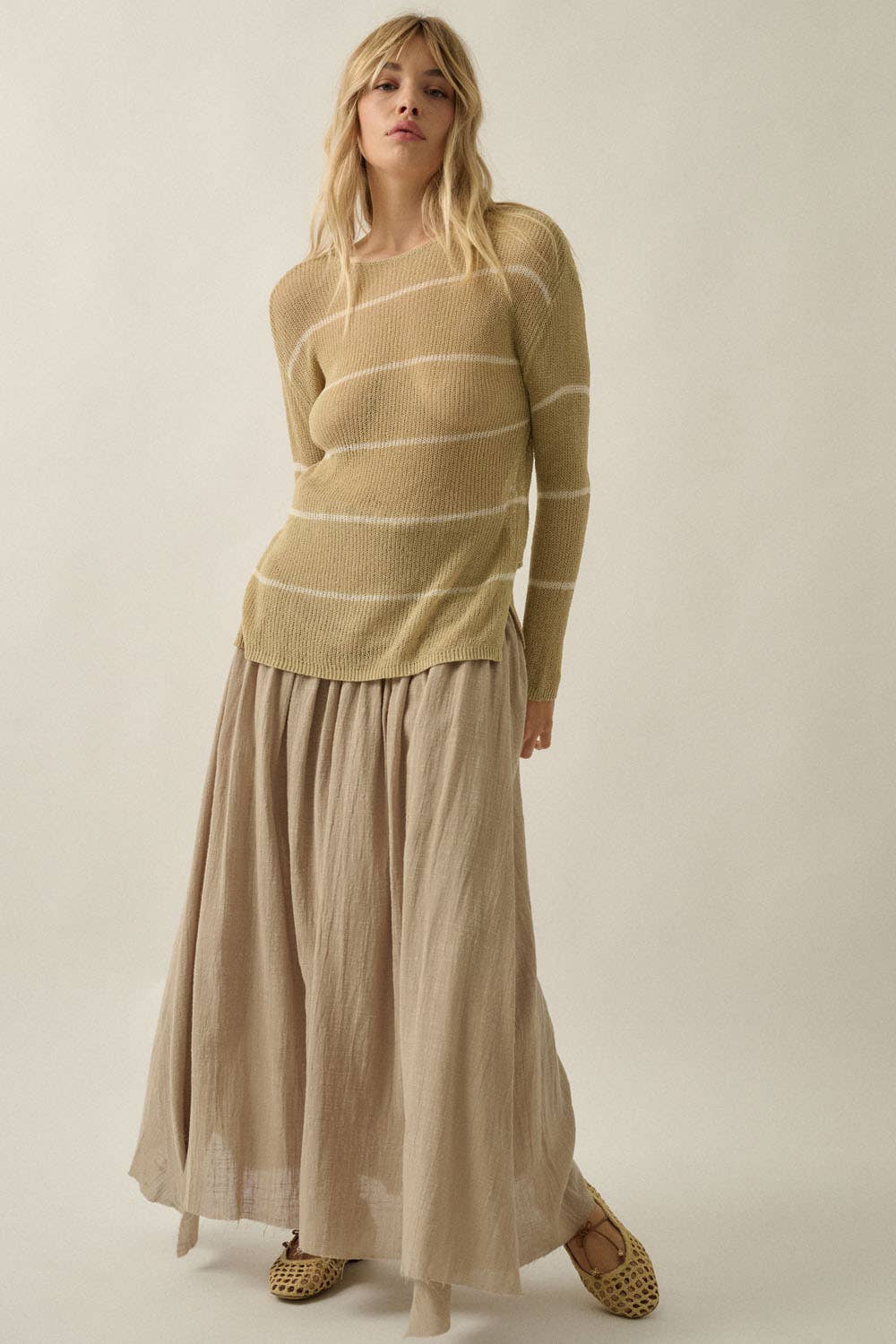 Striped Semi-Sheer Lightweight Knit Loose-Fit Sweater