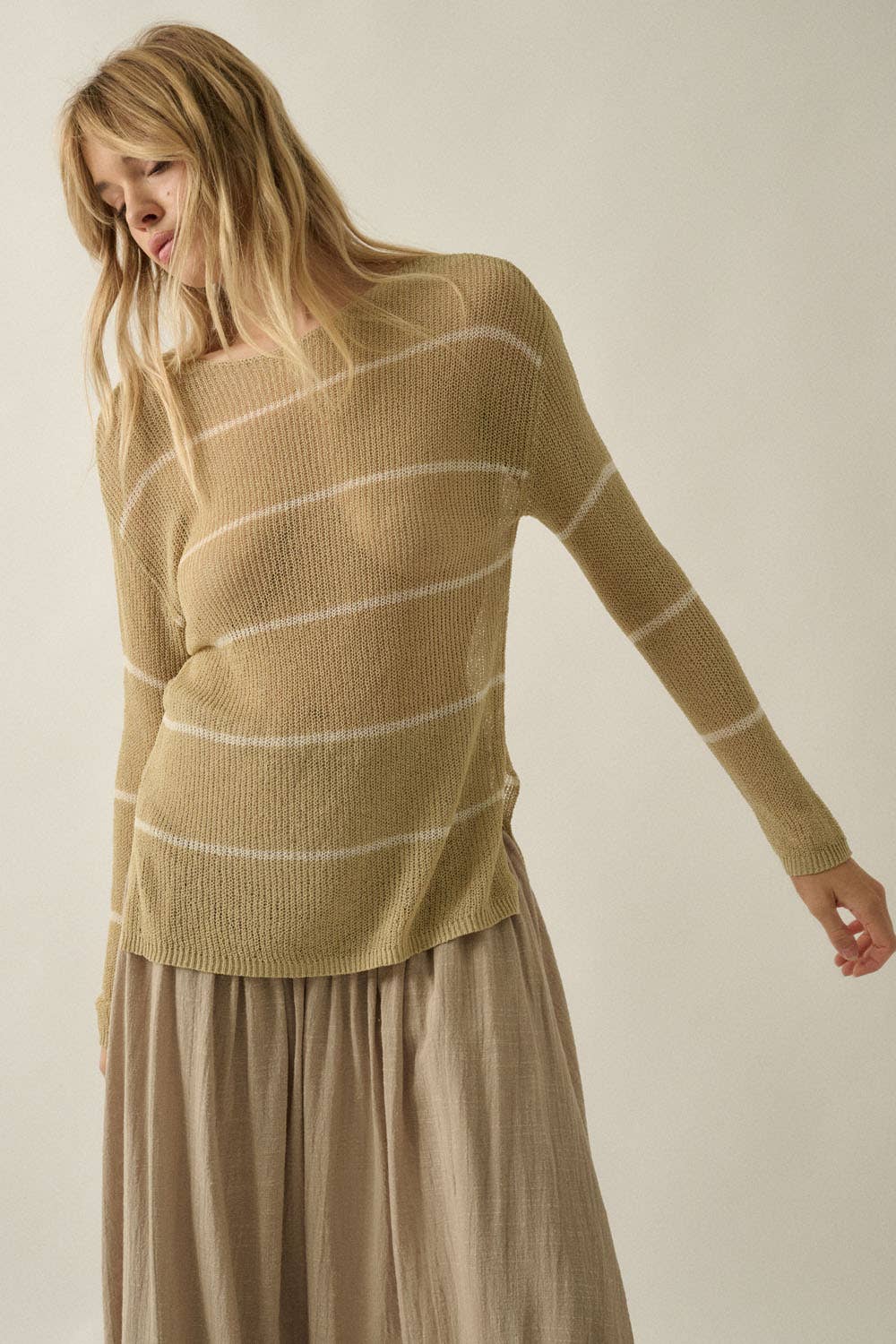 Striped Semi-Sheer Lightweight Knit Loose-Fit Sweater