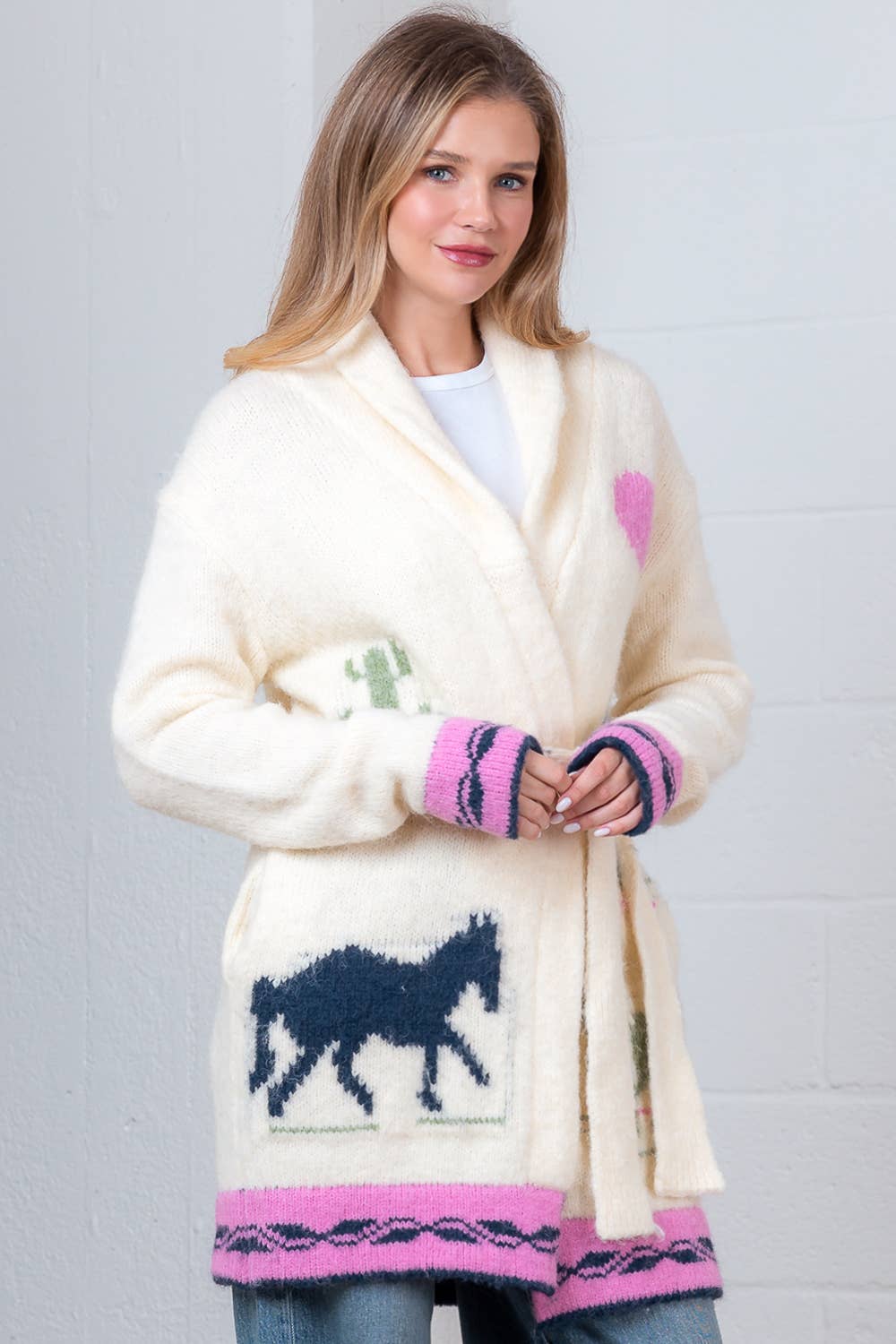 RELAX FIT HORSE ROBE SWEATER WITH SELF BELT