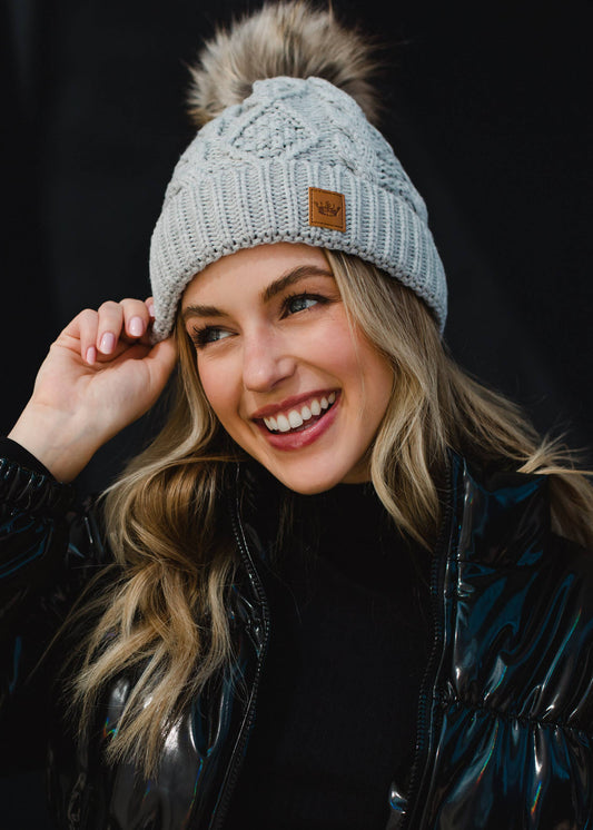 Light Gray Cable Knit Pom Hat