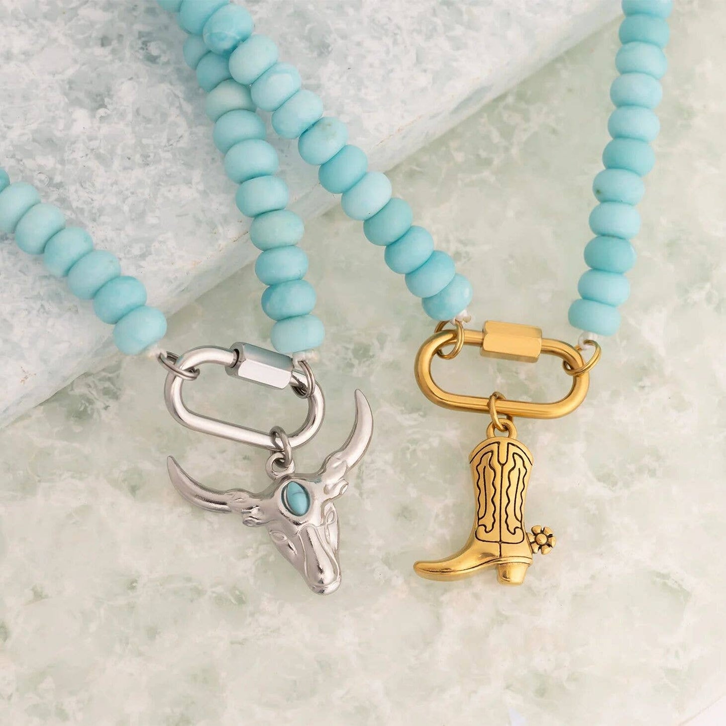 Turquoise Chunky Bead Carabiner Necklace