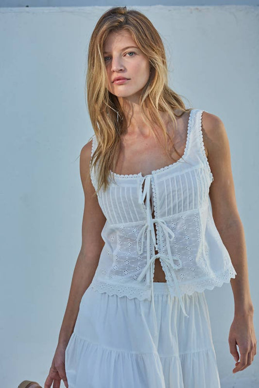 Lila Woven Cotton Eyelet Square Neck Sleeveless Top